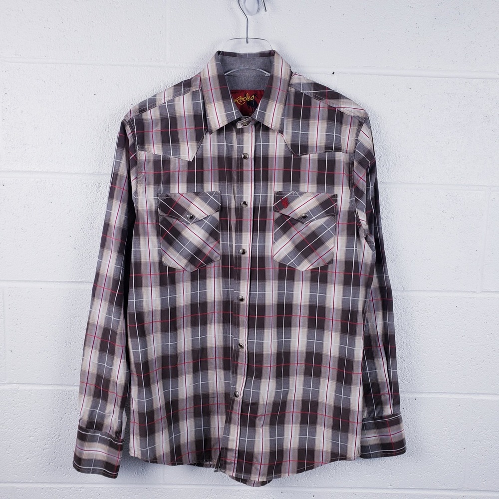 Rodeo Clothing Co‎ Western Shirt Brown Plaid Pearl Snap Front Long Sleeve Medium